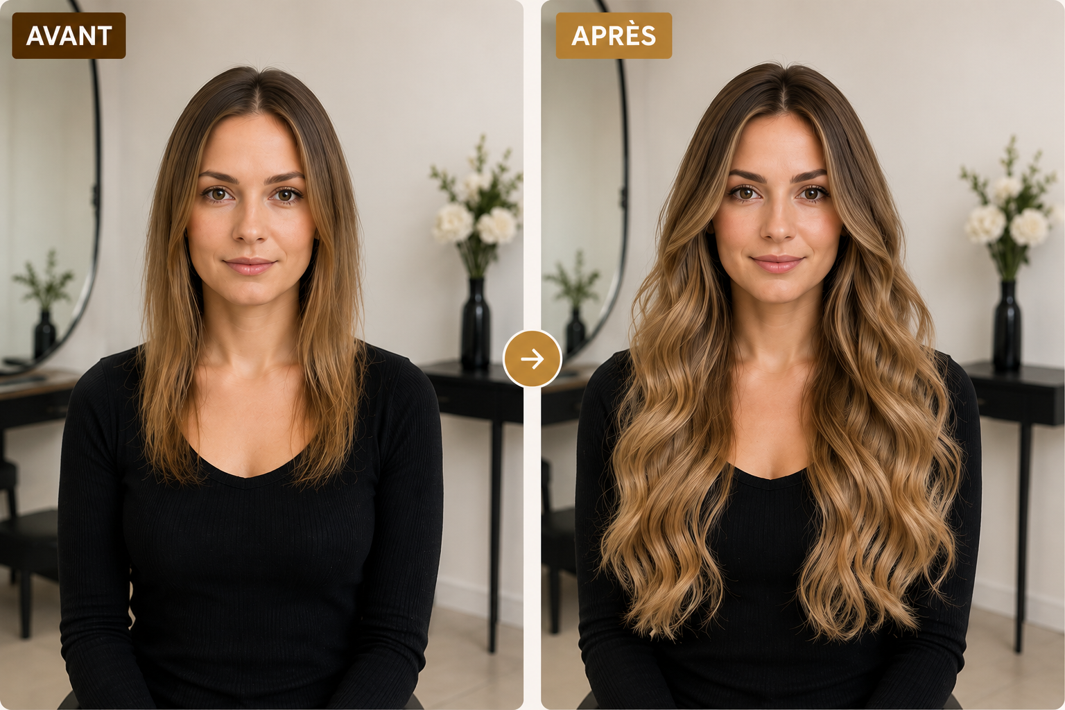 Avant après extensions de cheveux blondes avec ajout de longueur et de volume