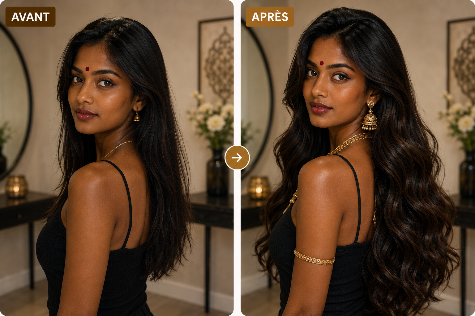 Avant après pose d’extensions sur cheveux foncés avec augmentation de longueur