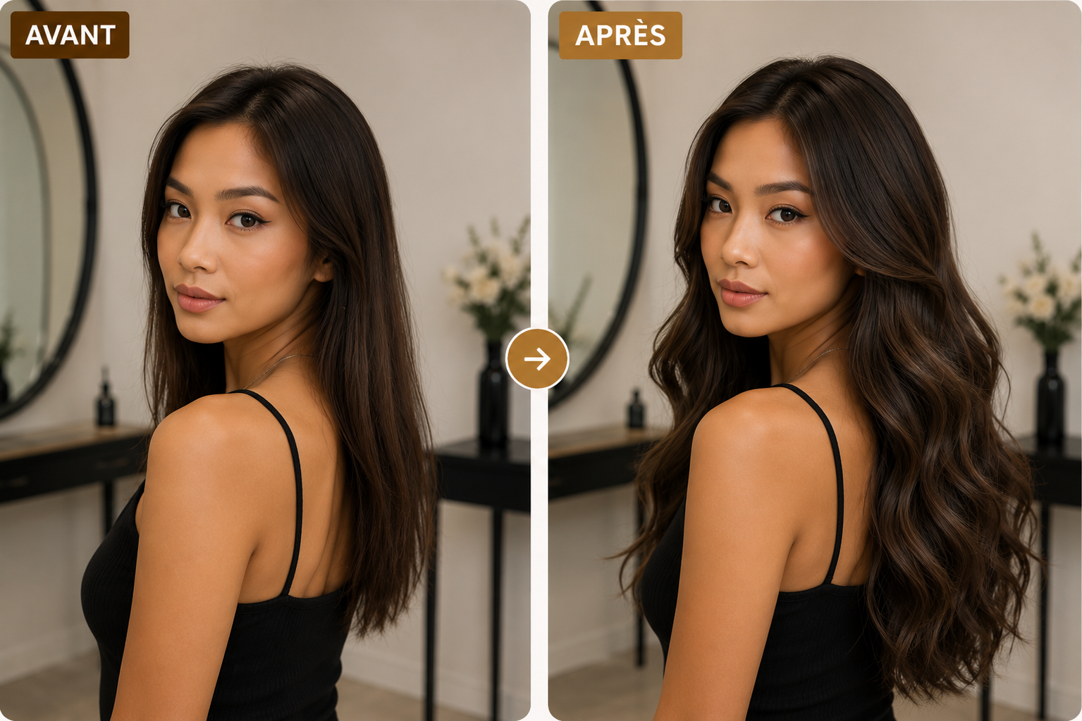 Avant après extensions de cheveux foncés avec longueur volume et ondulations