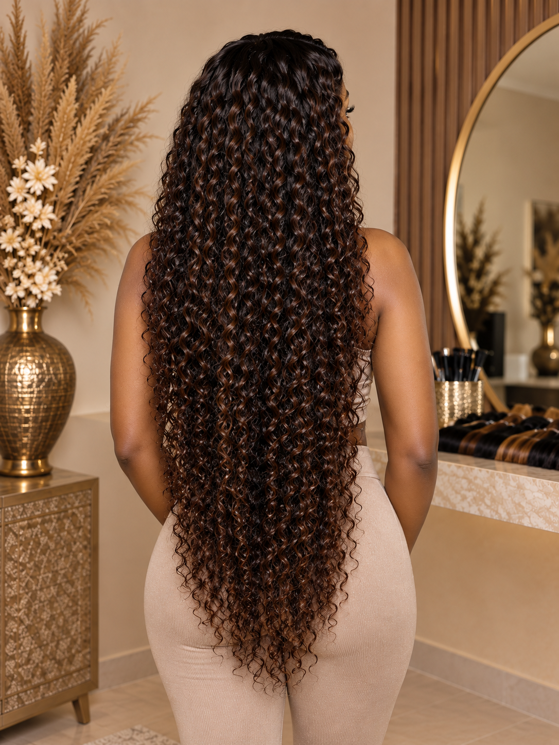 Vue de dos de très longues extensions Afro bouclées avec volume et longueur