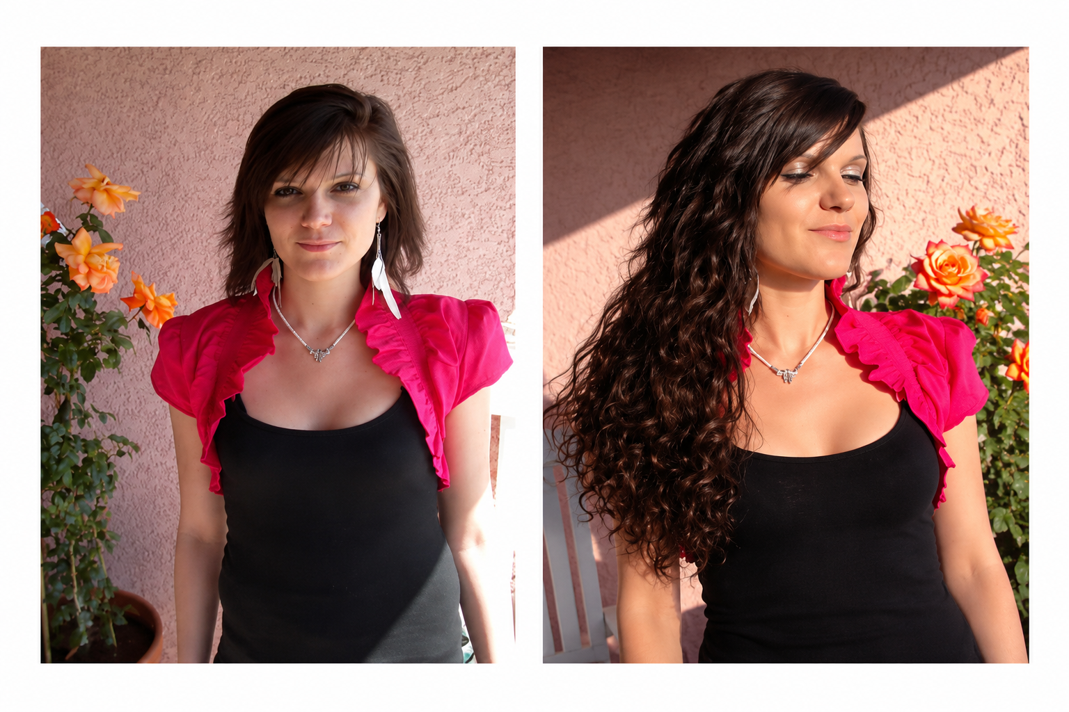 Transformation avant et après une pose d’extensions de cheveux bouclées