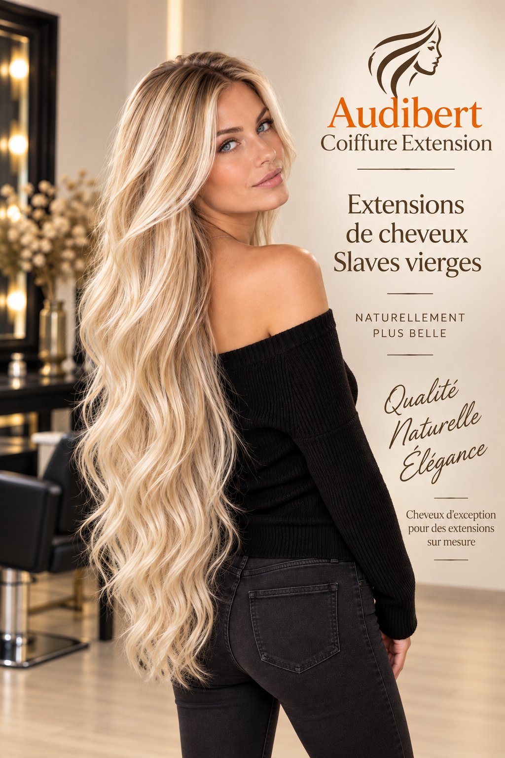 Cheveux Slaves vierges blonds très longs vus de dos