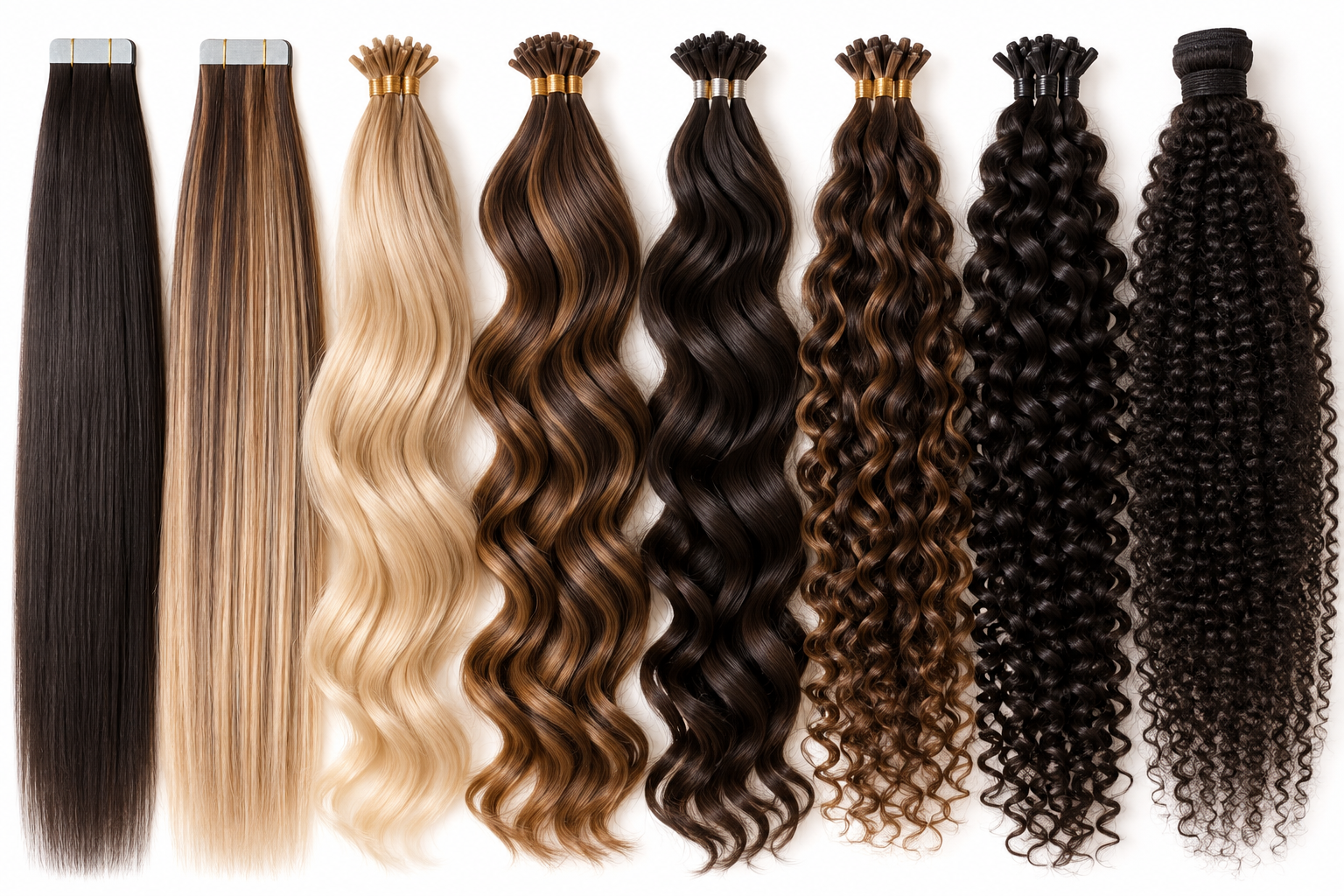 Différentes textures d’extensions de cheveux sur mesure raides ondulées bouclées et frisées